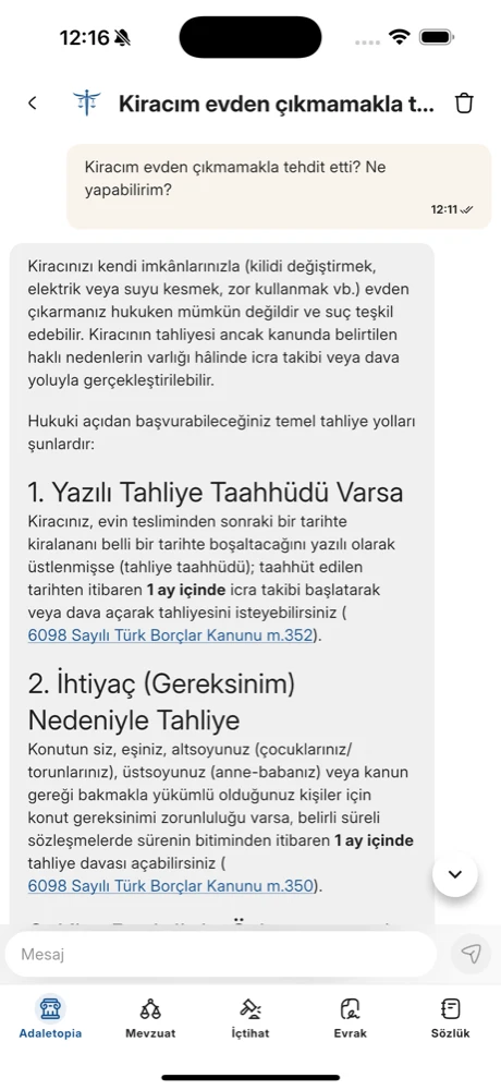 Adaletopia mobil uygulamasında kaynaklı hukuki yanıt ekranı
