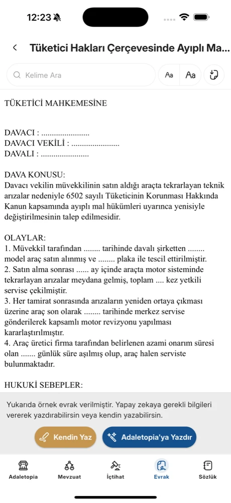 Adaletopia mobil uygulamasında dilekçe taslağı ekranı